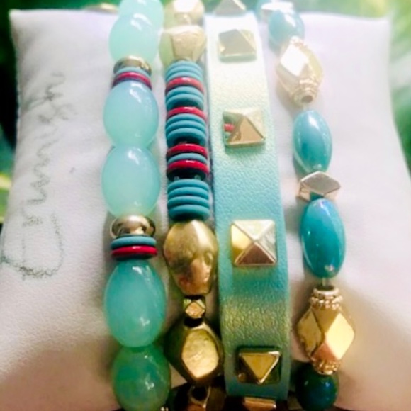 ERIMISH BRACELETS ⭐️ New SEA-MIST GOLD PYRAMID STUDDED LEATHER 4 PC STACK NWT - Picture 8 of 15